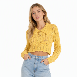 <span class=keywords><strong>Pull</strong></span> en tricot ajouré à revers, fabriqué en usine ; <span class=keywords><strong>Pull</strong></span> court à manches longues en fibre acrylique <span class=keywords><strong>jaune</strong></span>, style vintage dessin animé, personnalisé pour femme ; OEM - Product Image 1