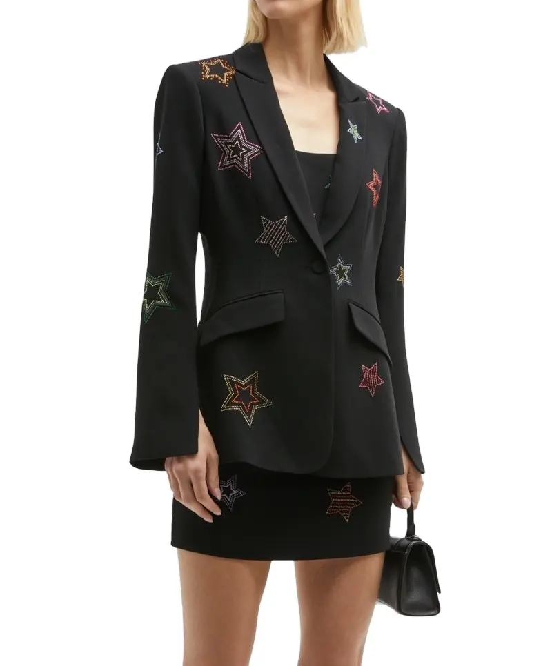 Fashion Office Lady Black Blazer Sleeve Slit Multicolor Rhinestone Star Classic Blazer Women