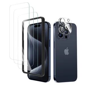 מלא גואל מסגרת התקנת מסגרת זכוכית מחוסמת עבור iphone 15 מסך 3 חבילה