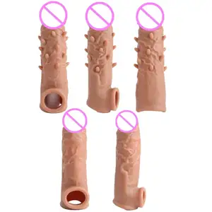 Reutilizável Líquido Silicone Dildo Sleeve Atraso Ejaculação Penis Extender Sleeve com Pau Anel Spikes Dildo Preservativos