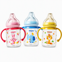 Botol Susu Bayi dengan Pegangan, Dot Silikon Anti Kolik Bebas BPA, Motif Hewan, 0-12 Bulan, Aliran Lambat, PP Mulut Lebar, Grosir