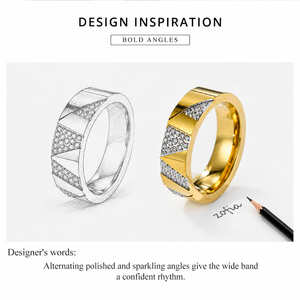 Wide Stainless <b>Steel</b> Zircon <b>Ring</b> with Diagonal Pavé Panels and 14K Gold Vacuum Plating - Product Image 4