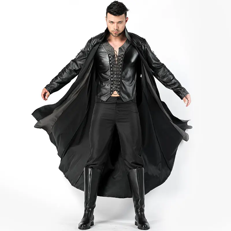 Faux leather gothic coat fancy dress for men Halloween Party Dracula Vampire Costumes Outfit Fancy Devil Cosplay costume