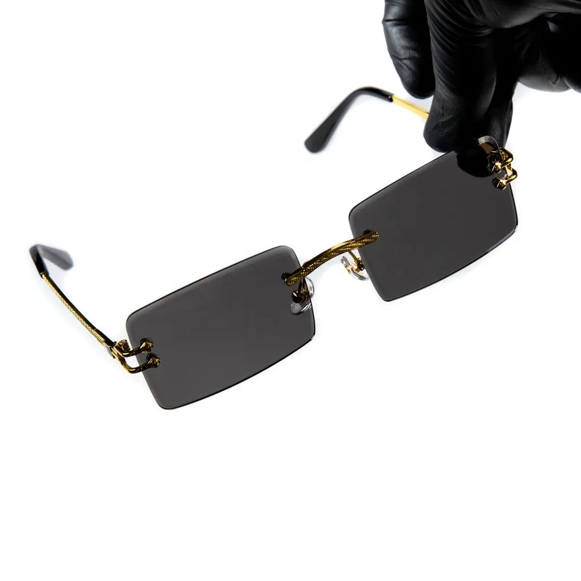 Gafas de sol sin montura con logotipo personalizado, gafas de sol rectangulares de diseñador al por mayor, gafas de sol de moda negras sin montura