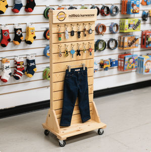 Espositore da Terra in Legno Personalizzato con Ruote per Uso Commerciale, Design Moderno per Pantaloni, Giocattoli, Cinture e Calzini - Product Image 4
