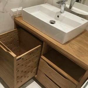 Meuble-lavabo de salle de bain en bois avec miroir LED, ensemble de meubles de salle de bain en bois massif imperméable, design minimaliste moderne, meilleur prix - Product Image 6