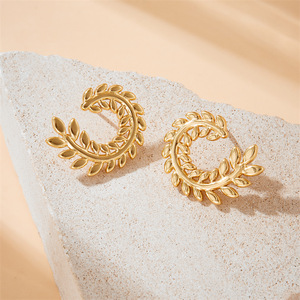 Gold Plated Wheat Earrings <b>Huggie</b> Stainless Steel Fashion Dangle Earrings Plant Shape E6055 - Product Image 3