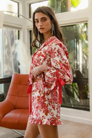Ensemble de pyjama court pour femmes, imprimé floral rose rouge, col à revers, poignets à nouer, manches longues, deux pièces, volants, vêtements de détente, grande taille, vêtements de nuit pour femmes