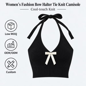 Großhandel Benutzerdefiniertes Logo OEM ODM Damen Schnür-Neckholder-Top Französischer Stil Schleife Wunderschönes Cami Sommer Crop Geripptes Strick-Top - Product Image 1