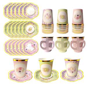 Set per Feste del Tè e <span class=keywords><strong>Compleanni</strong></span>, Piatti Usa e Getta con Manici, Bicchieri di Carta con Design Floreale, Stoviglie Decorative - Product Image 1
