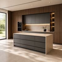 Meubles de cuisine sur mesure à finition ultra brillante avec îlot de rangement sans poignées et garde-manger pleine hauteur pour maisons modernes