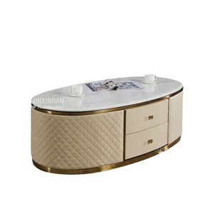Living Room Furniture Stainless Steel Frame <strong>Marble</strong> Top Beige Centre <strong>Table</strong> Luxury Modern <strong>White</strong> Leather Cover Oval Coffee <strong>Table</strong> - Product Image 1