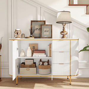 Mueble de Madera Maciza Curvo Moderno con Detalles Dorados, Diseño Acanalado, 2 Puertas, 5+ Cajones, Ahorra Espacio, para Sala de Estar o Comedor - Product Image 2