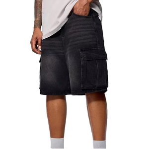 Men's Vintage-Style Black Loose Light Washed Denim Shorts High Waisted Wide Leg with Woven Craft Pocket Windproof 100% Cotton - Product Image 2