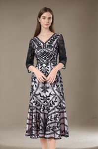 Kadınlar için L-5XL artı boyutu işlemeli dantel Midi elbise 3/4 kollu kokteyl elbisesi, Vintage V boyun resmi akşam parti kıyafeti L-5XL - Product Image 3