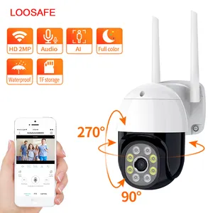 LOOSAFE Kamera Ip Nirkabel Putar 2MP, Kamera Luar Ruangan Ptz Pelacak Wifi P2p Lampu Hitam dan Kamera Penuh Warna