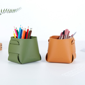 Round leather pen <b>holder</b>/<b>makeup</b> brush <b>holder</b>, Nordic style desktop vase/container, logo printable. - Product Image 1
