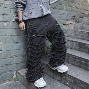 جينز رجالي واسع الساق للخريف/الشتاء قابل للتخصيص أسود ممزق أزرق فاتح مغسول متوتر شارع الهيب هوب - Product Image 2