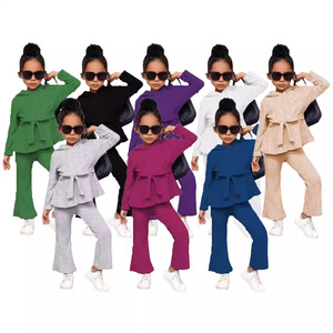 ชุดเสื้อผ้าเด็กผู้หญิงลำลอง แขนยาว กางเกงถัก ชุดเสื้อผ้าเด็กผู้หญิง โพลีเอสเตอร์ สีพื้น - Product Image 1