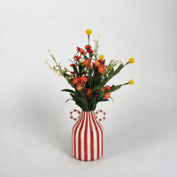 Buket Bunga Buatan Ceria Campuran Oranye Daisy & Kuning Craspedia dari Kain & PE dalam Vas Bergagang Bergaris