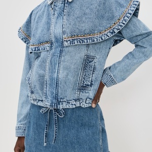 Veste en jean délavé bleu clair pour femme, style mode, printemps-automne, col brodé, ourlet court, vente en gros - Product Image 2