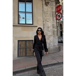 Ensemble deux pièces pour femmes, style club, chemisier en satin à nouer et pantalon, noir, XS-XL, pour la saison d'automne - Product Image 5