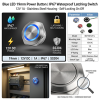 Interrupteur à bouton-poussoir lumineux LED bleu 19mm 12V 1A IP67 en acier inoxydable 1NO marche/arrêt à verrouillage pour boîtier PC et projets DIY