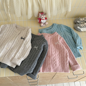 <b>Girls</b> Knitted <b>Cardigan</b> Cotton Solid Color Autumn Sweater Coat Single Breasted <b>Pink</b> Beige Gray Blue Kids Fashionable - Product Image 1