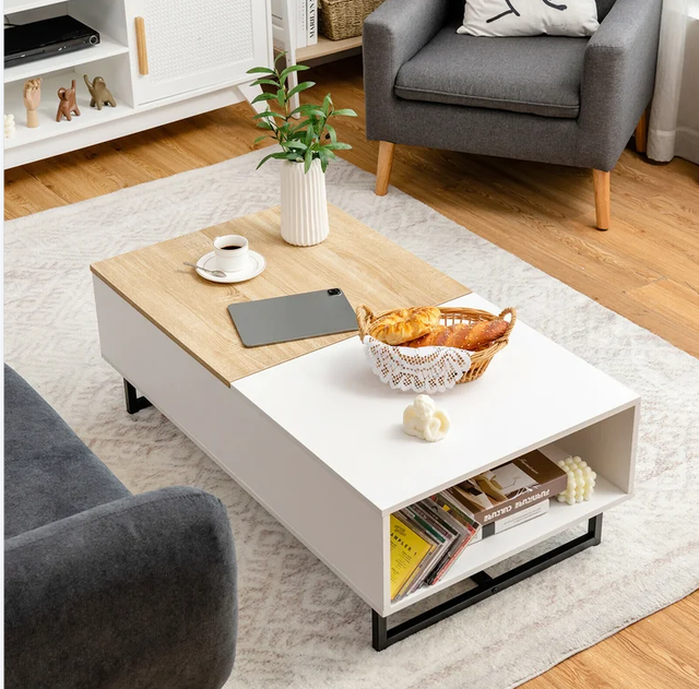 Modern Sleek Design Lift Top Trestle Coffee Table with Functional Storage for Living Room Dining Sleek Coffee Bar Table