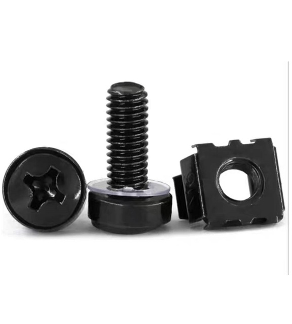 M6 X 16mm Cage Nuts and Screws Set for Server Rack Cabinet Mount, Black Carbon Steel