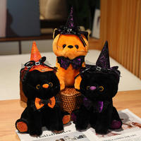 Vente en gros de poupée en peluche de dessin animé d'Halloween, chat noir orange, décoration de la Toussaint pour enfants, cadeau avec un chapeau de sorcière