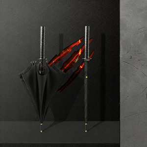 Parapluie droit automatique noir 23 pouces, 8 baleines, en tissu pongé, imperméable et coupe-vent, avec poignée en forme d'épée de samouraï, impression personnalisée - Product Image 2