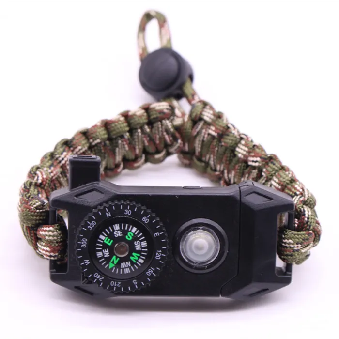 Multifunction Flint Compass Emergency Paracord Bracelet Outdoor Survival Parachute EDC Tool Whistle Buckle Wristband