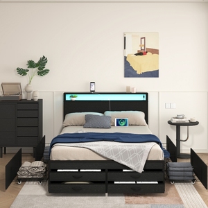 Modern <strong>Platform</strong> <strong>Bed</strong> <strong>Frame</strong> with 8 Storage Drawers Power Outlet LED Lights Headboard Stable Solid Black for Bedroom - Product Image 1