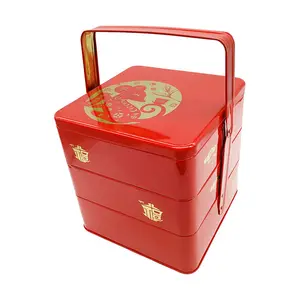 Hot Sales Custom Printed Stackable Chinese Style Packaging Boxes Tin Can Gift Packaging Three Layer Container For Mooncake