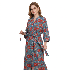 Chemise de nuit longue pour femme 100% coton à imprimé floral, col en V, fermeture à ceinture, séchage rapide, écologique, été-printemps - Product Image 1