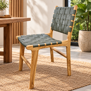 Modern Woven Leather <b>Garden</b> <b>Chair</b> With Tapered Wood Legs Outdoor Furniture Minimalist Design Durable Green Seat And Back - Product Image 6