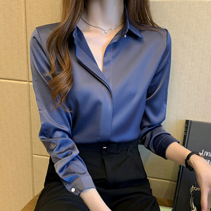 Chemise blanche en <span class=keywords><strong>soie</strong></span> à manches longues pour femmes, <span class=keywords><strong>chemisier</strong></span> de bureau en Satin de <span class=keywords><strong>soie</strong></span>, hauts de grande taille pour femmes - Product Image 3