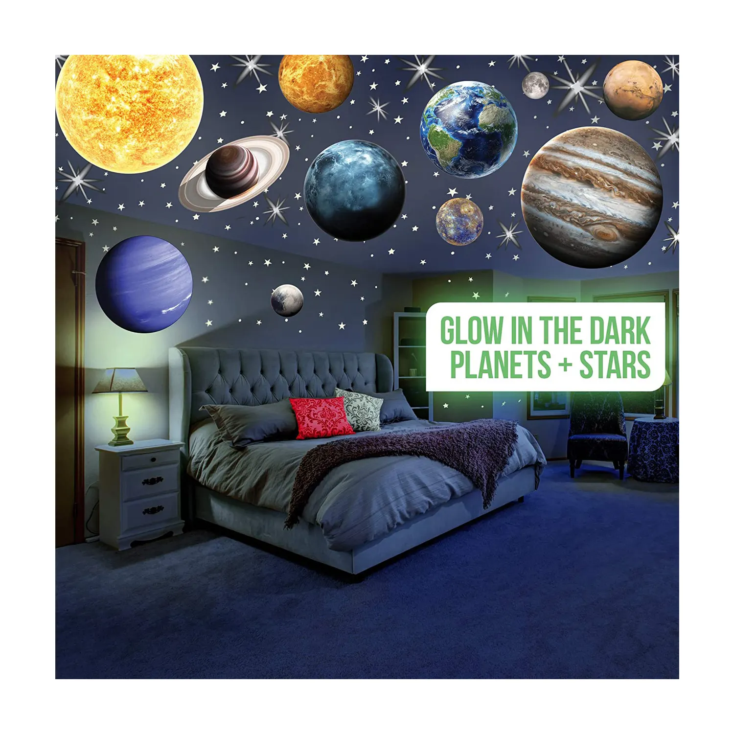Glow in The Dark Planets Stickers Sun Earth Mars Glowing Ceiling Decals for Bedroom Room Vinyl Wall Stickers 3D for Kids