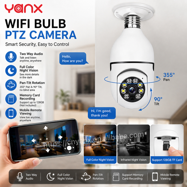 YANX  Wi-Fi PTZ Wireless 2MP 1080p CCTV Home Security Camera Night Vision Bulb Light CMOS Pan-Tilt Memory Card Storage