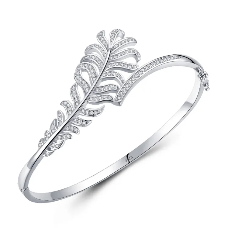 Trendy Leaf Adjustable Open Cuff Bracelet Bangle 925 Sterling Silver Paved Full Zircons Feather Open Cuff Bangle for Women