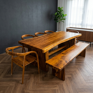 Elegant Modern Solid Suar Wood Dining <b>Table</b> Set with Natural Edge Design <b>and</b> Stylish Matching Wood <b>Chairs</b> <b>and</b> <b>Benches</b> - Product Image 3