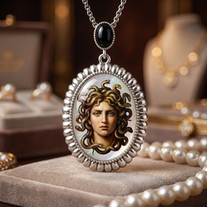 Pendentif personnalisé peint à la main, icône de la mythologie grecque Méduse Gorgone, symbole de protection, amulette, collier en pierres précieuses, ovale, couleur argent - Product Image 1