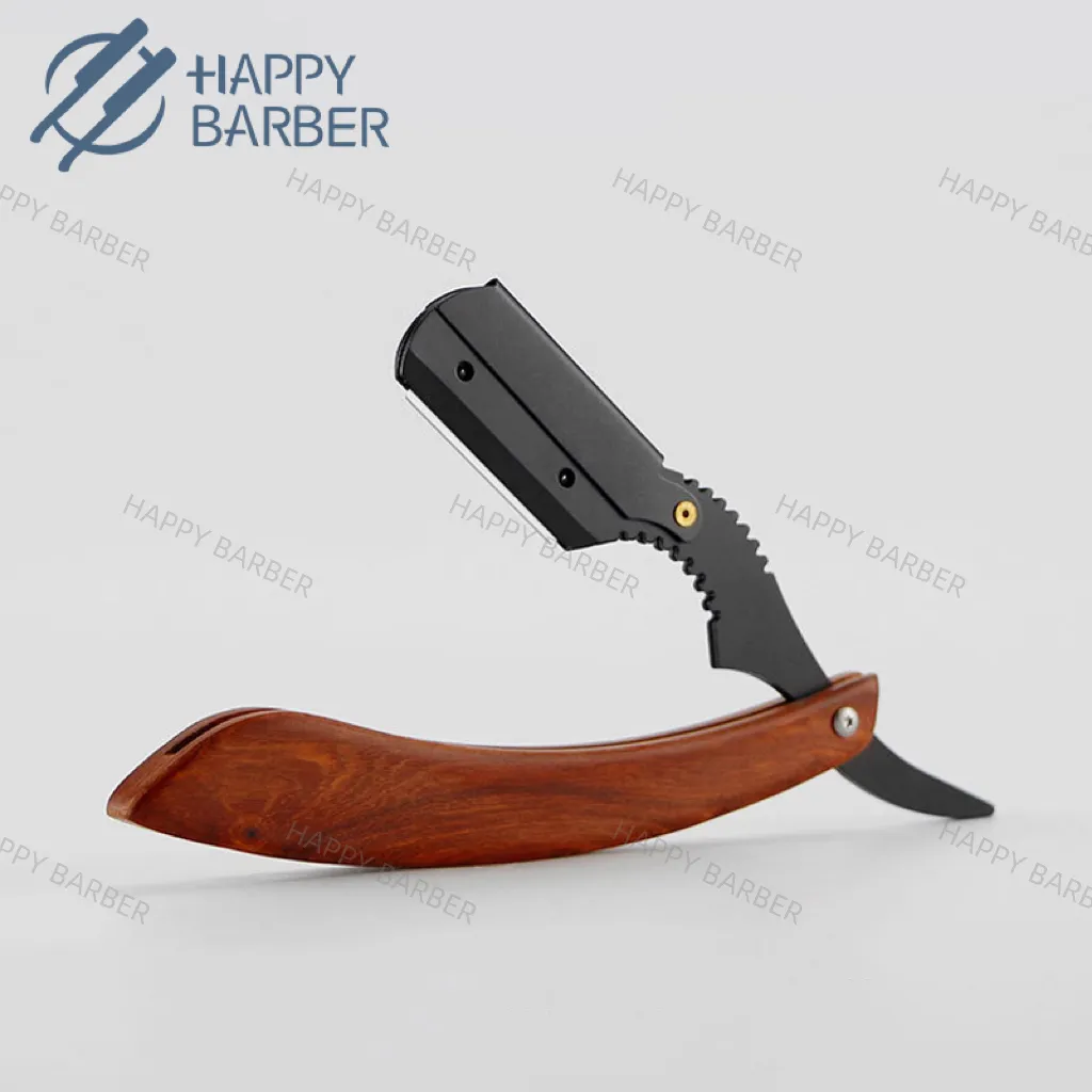 Wholesale Customized Low MOQ Sharp Barber Black Blade Shaving Razor Folding Straight Edge Wood Handle Safety Razor For Men Clean