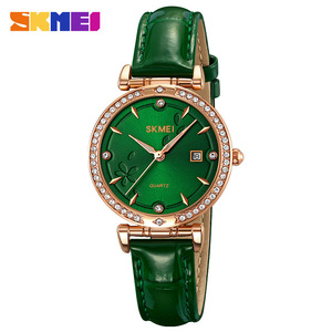 Skmei Women's Quartz Watch Green Leather Strap Analog <b>Date</b> Display Rose Gold Case 30M Waterproof - Product Image 1