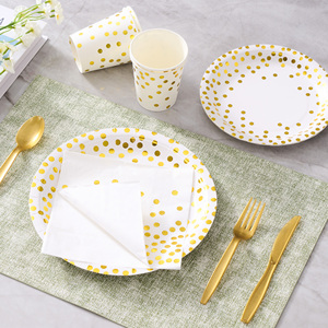350Pcs Eco-Friendly Gold Dot Disposable PET <b>Dinnerware</b> <b>Set</b> for 50 Guests Plates Cups Napkins Gold Cutlery Microwave Safe for - Product Image 3