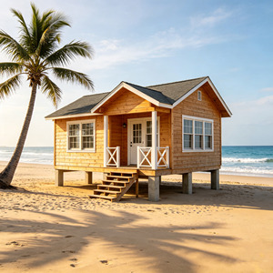 Cabane de <span class=keywords><strong>plage</strong></span> préfabriquée en pin massif avec intérieur entièrement résistant aux embruns marins, <span class=keywords><strong>chalet</strong></span> de vacances surélevé en bois pour station balnéaire côtière - Product Image 1