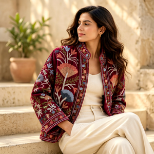 Veste en velours Heritage bordeaux, broderie botanique, col large, motifs de vigne d'olivier, faite à la main, style Jaipuri, réversible, séchage rapide - Product Image 1