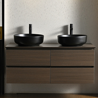 Set Meja Rias Kamar Mandi Modern Warna Walnut Gelap dengan Wastafel Ganda, Kabinet Kayu Terapung di Dinding, Wastafel Vessel, Ruang Tamu, Gudang