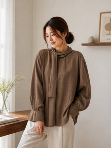Chemise à manches longues marron à col roulé avec manches lanternes pour filles, style décontracté, couleur unie, tissu viscose, style automne - Product Image 2